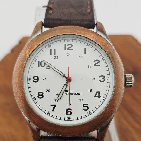 Cooper Tone Military Dial Watch Brown Leather Band Classic Everyday Casual Basic - Picture 2 of 6